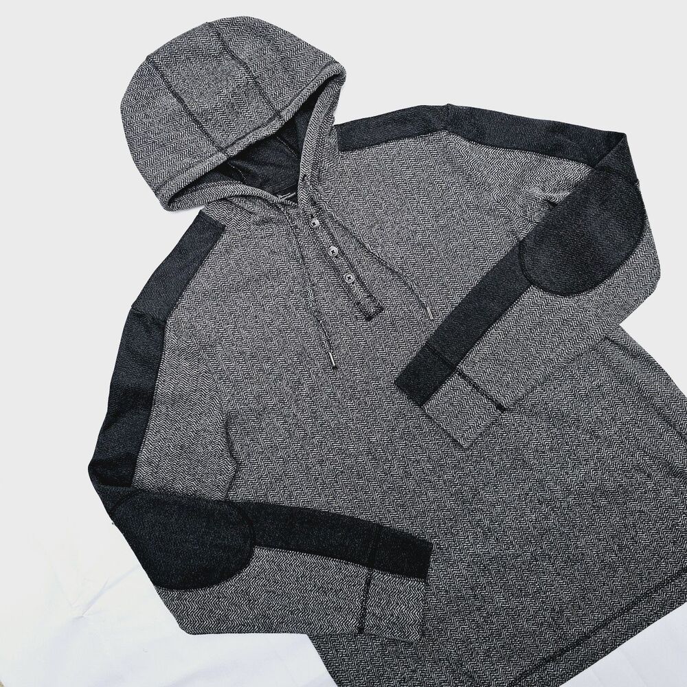 Marc Anthony Mens Large Hoodie Pullover Sweater Henley Herringbone Elbow patches